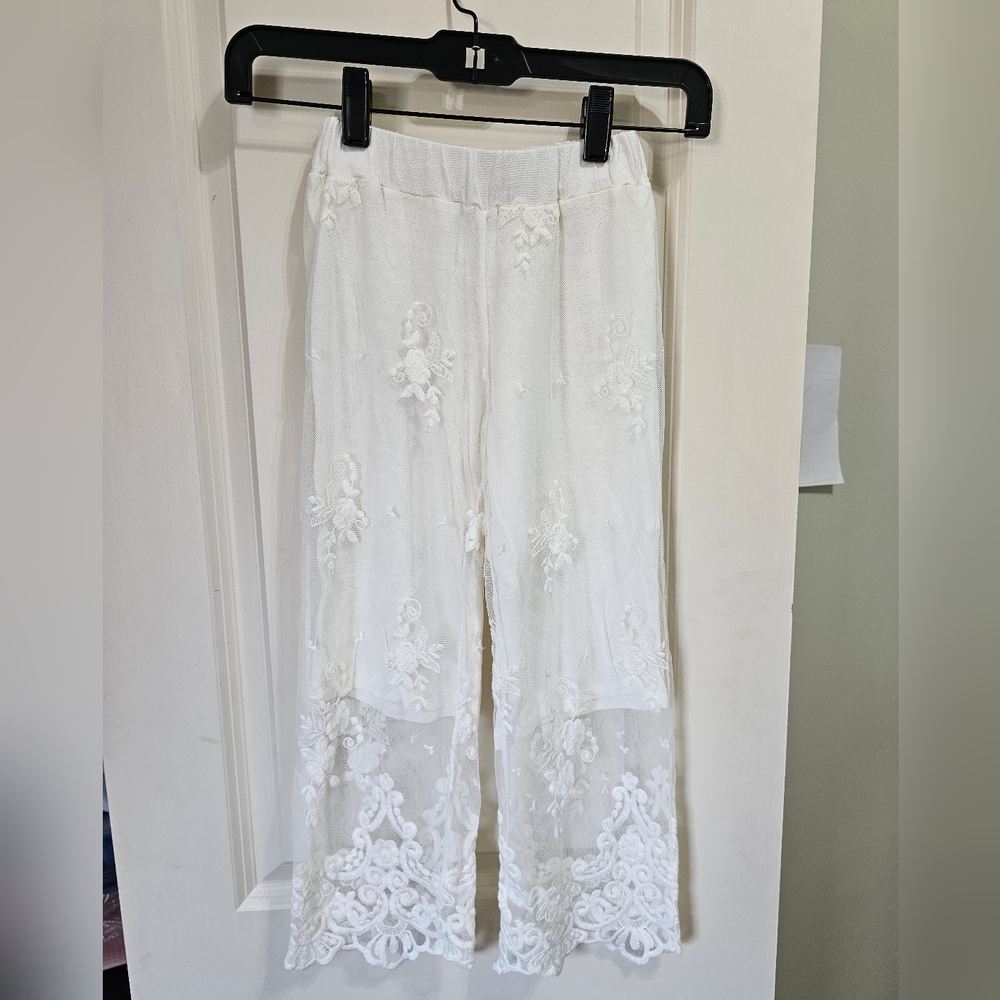 Magil Chic Cream Embroidered Kids Wide Leg Pants